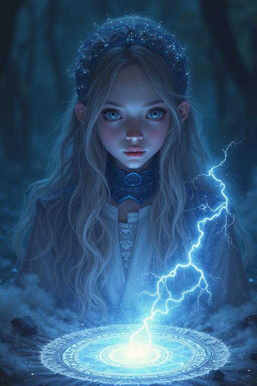 A girl is wearing high garden magical clothes. She is summoning a lightning spirit from a magic circle drawn on the ground. White mists and glowing wisps surround her. The scene is dark and at night. The details of her face and eyes are very sharp and high quality.