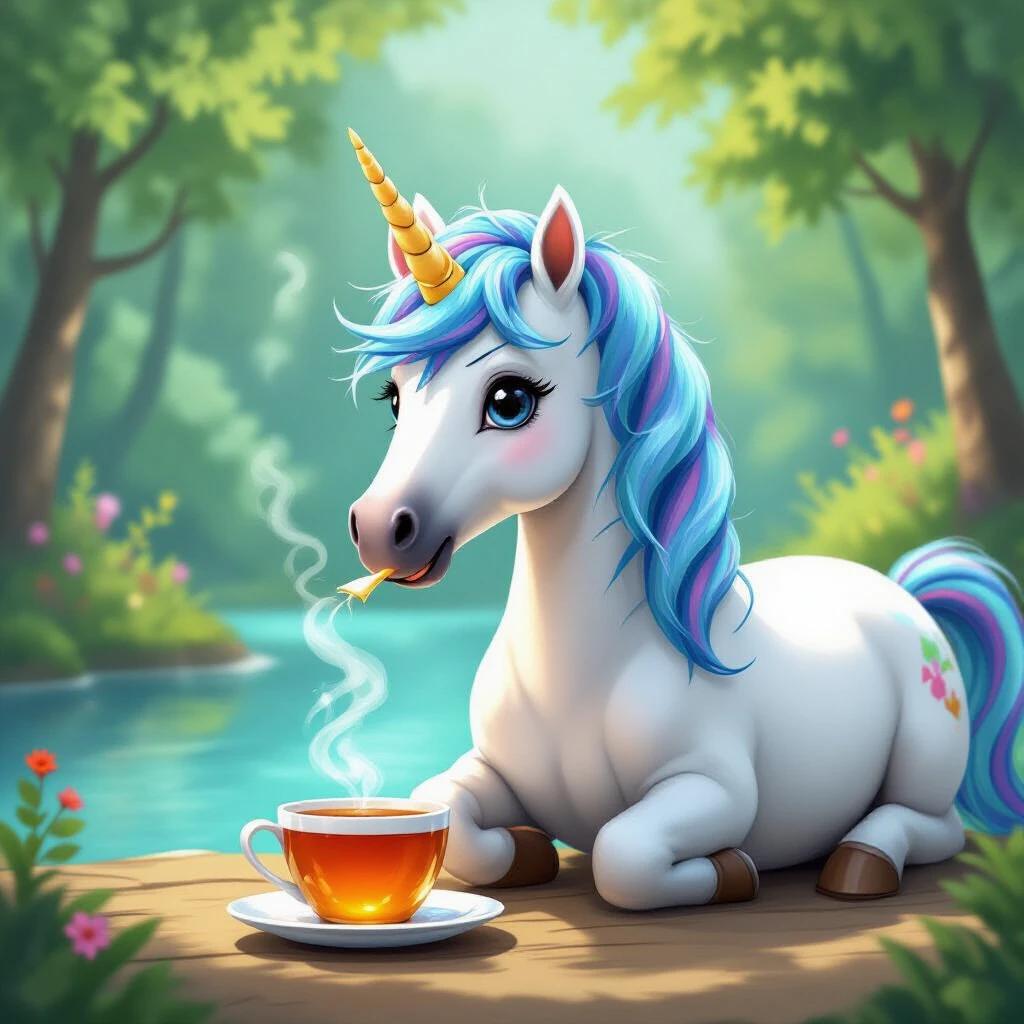 Blue unicorn happily sipping tea by a serene river surrounded by a lush forest.