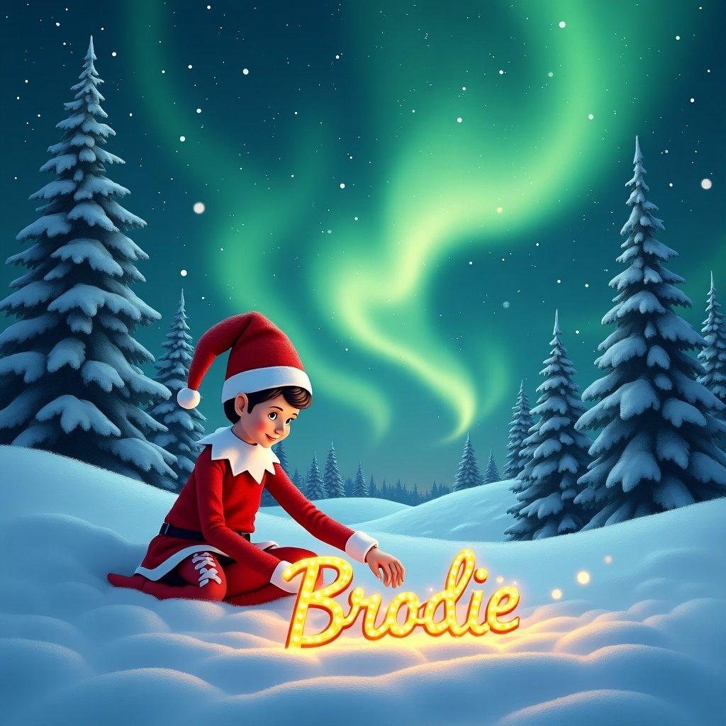 In a magical snowy landscape under the northern lights, an elf dressed in red is sitting. The elf is focused on writing 'Brodie' in glowing cursive letters. Surrounding the elf are snow-covered evergreen trees. Above, the northern lights cast a green hue over the scene. This illustration captures the fun of the Elf on the Shelf tradition during Christmas.