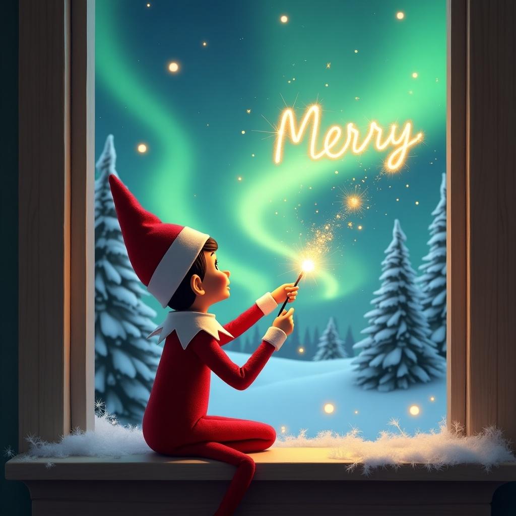 Image of an adorable elf on a window ledge. Elf wearing classic red outfit. Elf facing the northern lights. Elf holding a magic wand with sparkling sparks. Background of snow-covered pine trees.