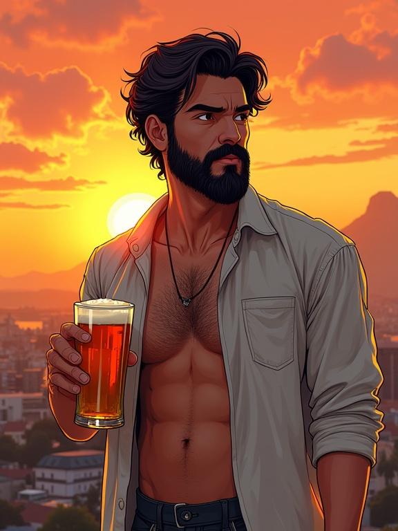 Hand-drawn illustration showcasing a muscular man with a beard wearing an open shirt. He holds a glass of beer. The scene is set against a vibrant sunset. Highlights include dramatic shadows and cinematic composition.