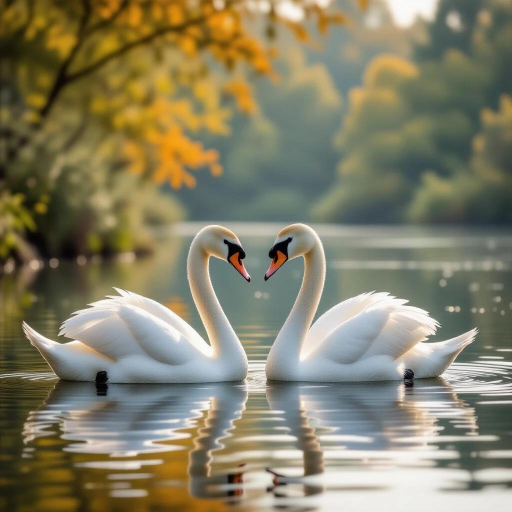 Image shows two elegant swans gracefully swimming on the water. Their white feathers shimmer in sunlight, resembling the beauty of nature. Swans' heads are slightly tilted, forming a heart shape, symbolizing love and harmony. Soft orange leaves in the background contrast with the tranquil water, creating a warm and romantic atmosphere. The scene embodies tranquility and harmony, showcasing the charm of nature.