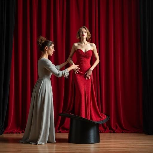Stage magician pulls a dress out of a hat. The setting features a red curtain. The magician wears a gray gown. The dress is red and displayed prominently. The hat is on a pedestal.