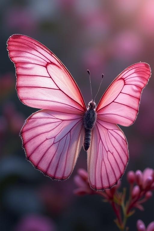 Butterfly flies with dark pink and white color. Butterfly has intricate wing patterns. Background is soft and blurred. Lighting is soft and dreamy.