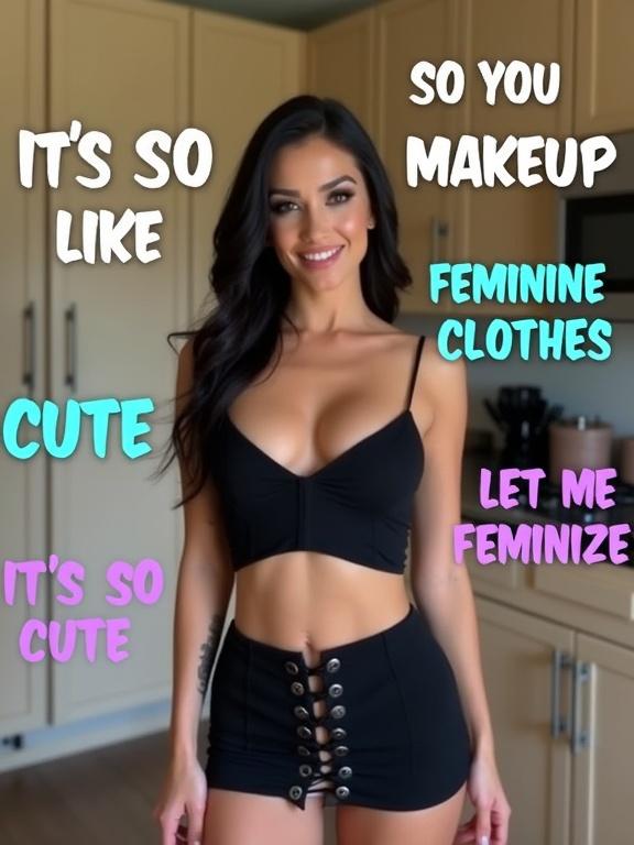 A feminine crossdresser wears a revealing black crop top and mini skirt. The subject looks directly at the camera with a seductive smile. The background features neutral-toned wall cabinetry. Multiple text elements are arranged around the subject. Text includes phrases about makeup and feminine clothing, contrasting well with the background. The image has clear focus on the subject and text elements. It is captured using digital photography with natural lighting.