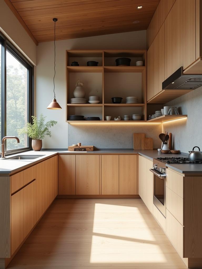 Minimalistic Korean style kitchen design. The kitchen has light wooden cabinets and shelves. A large window allows natural light. Green plants enhance the decor. Wall has modern appliances and minimal decor. Warm inviting atmosphere.