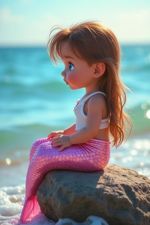 Generate an image of a three year old mermaid with light brown hair and blue eyes. She has a shimmering pink tail and white string vest top. She is sat on a rock in the ocean looking towards the shore.