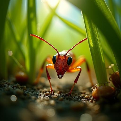 Scene from the perspective of an ant with a camera lens in its eye. Focus on vibrant textures of grass, shadows, other small creatures. Include dew drops on leaves, tiny pebbles, light filtering through foliage. Emphasize depth and scale. Vivid colors and sharp details for an immersive experience.