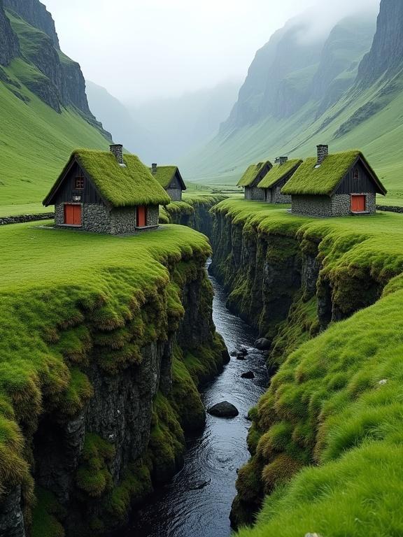 Image of a valley scene with three traditional turf-roof cottages beside a narrow green canyon. The houses feature gray stone walls and colorful doors. A calm stream flows between green cliffs under an overcast sky with towering mountains in the background.