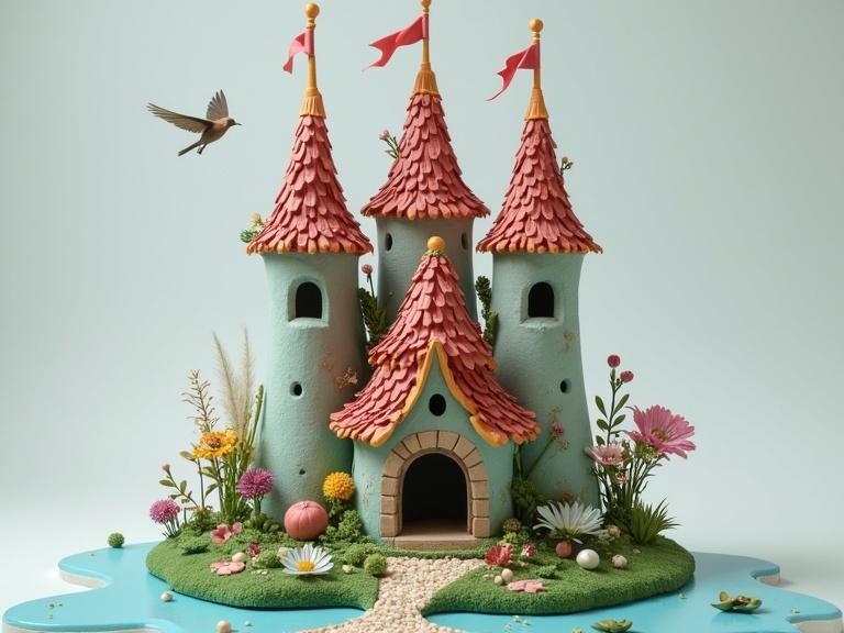 A whimsical birdhouse designed to look like a castle in a colorful meadow environment.