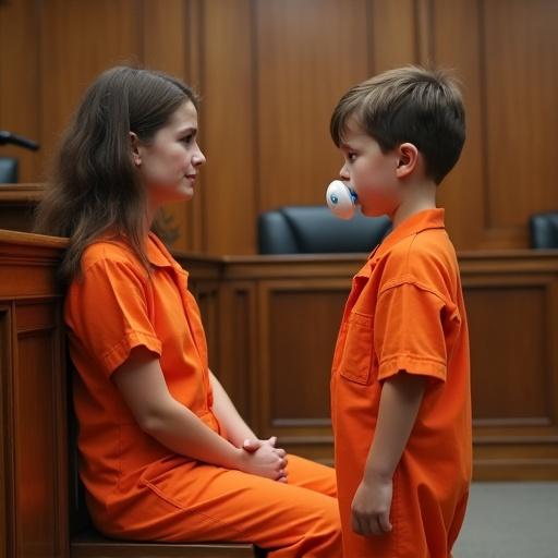 Young boy acts as a judge in a courtroom. His mother is in an orange jumpsuit on her knees. He announces her sentence with a serious expression. Tears are present on her face. The courtroom has wooden panels and seating.