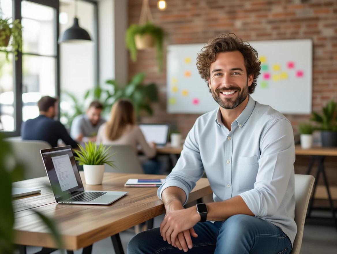 A male entrepreneur with curly hair smiles at a wood desk in a modern co-working space. High natural light enhances the vibrant atmosphere. He wears dark jeans and a rolled-up white shirt. Laptops and colleagues in the soft-focus background suggest a collaborative environment. His relaxed posture emphasizes approachability and innovation.