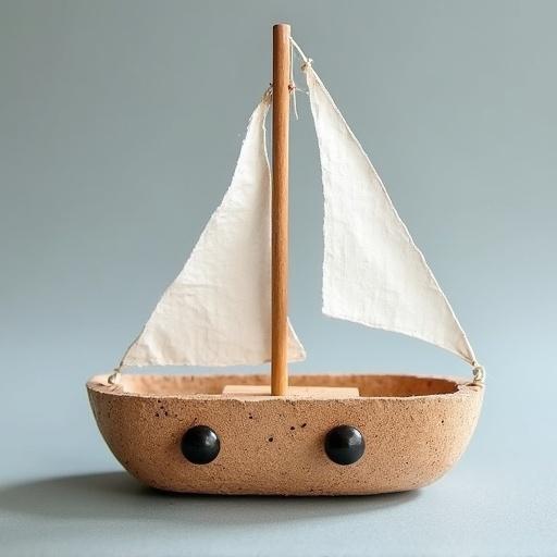 A mini child's boat made from half a cork with a toothpick as the mast and a piece of toilet paper as the sail. The boat has a simple design and uses neutral colors.