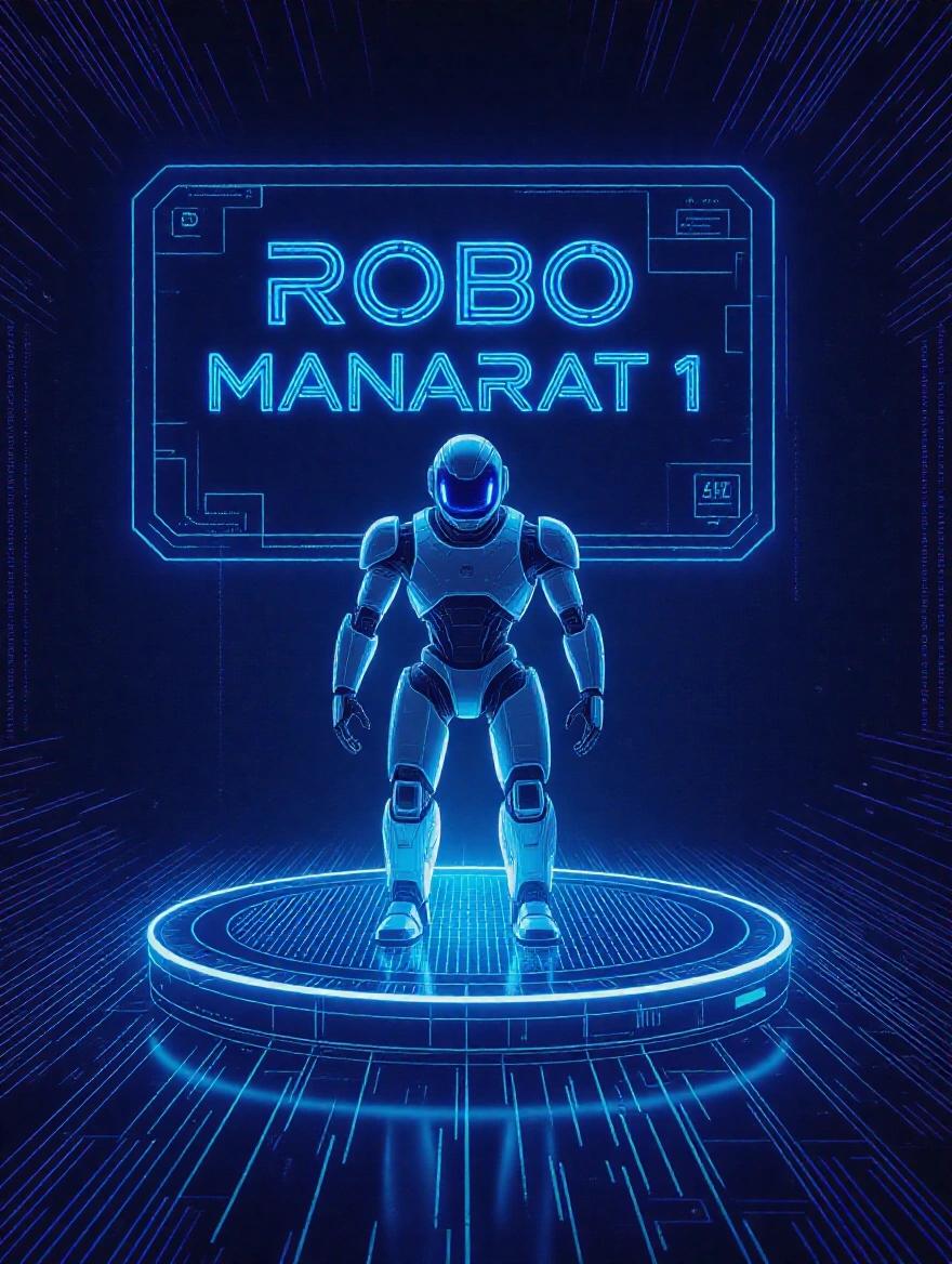 Promotional poster featuring a sleek advanced robot on a glowing transparent platform. Dark high-tech background with geometric grids and holographic elements. Large digital screen displays 'Robo Manarat 1' in bold typography. Neon light effects in blue and white.