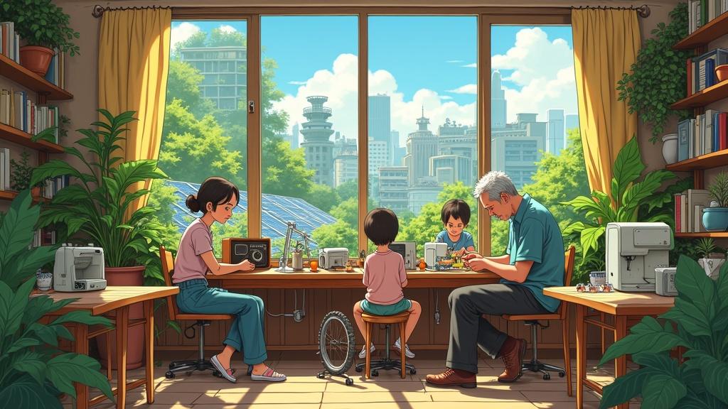 Comic-style illustration depicting a solarpunk-inspired repair café. Young woman repairs old radio. Elderly man assists child fixing bicycle tire. Sunlit space with plants and natural light. Vibrant eco-city visible through windows. Collaborative and community-driven spirit.