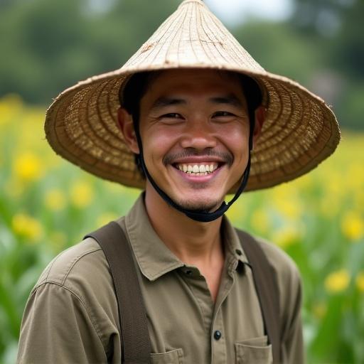 Closeup shot shows a smiling Thai farmer in a field. The farmer wears a traditional straw hat and stands among green crops. He radiates happiness and joy associated with farming life.