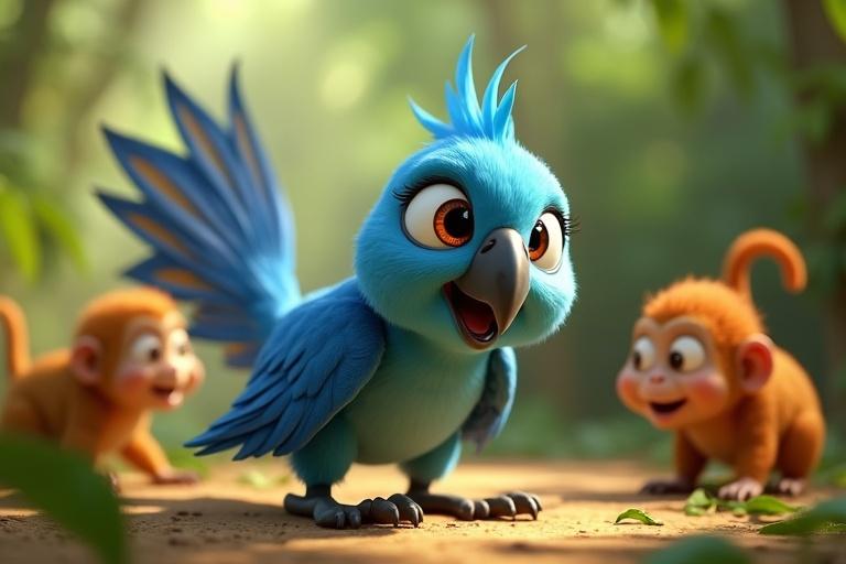 Bright daylight scene features a friendly blue parrot and playful monkeys. Parrot has big expressive eyes and cheerful smile. Environment is the Sundarbans with vibrant greens and warm tones