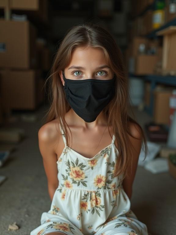 Photorealistic image of a beautiful teen girl with long brown hair and green eyes. She wears a white floral sun dress and a black mask covering her mouth and nose. The setting is a cluttered storage room, and she is sitting on the floor with her arms behind her back.