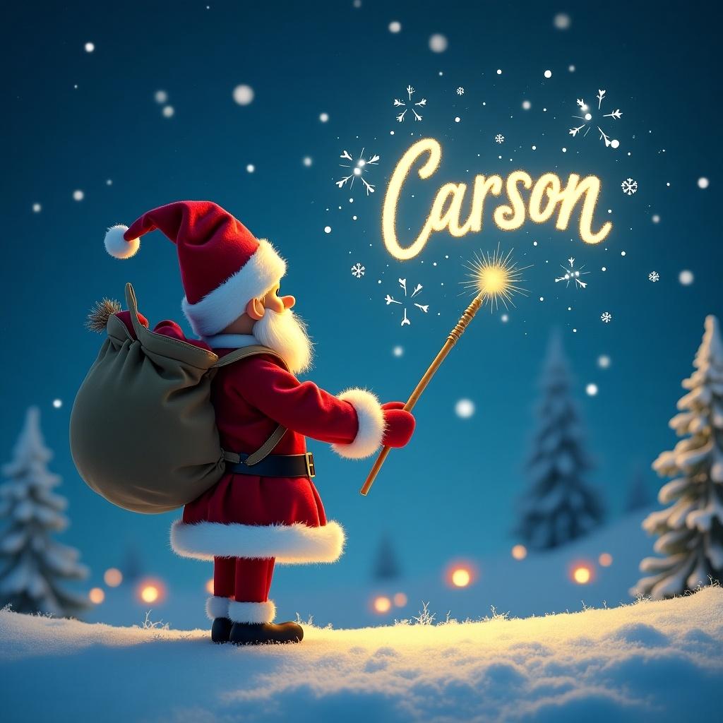 The image features a delightful Christmas scene with Santa Claus facing away, dressed in his iconic red suit and hat. He holds a magic wand, gracefully writing the name 'Carson' in twinkling lights against a starry sky. Surrounded by a snowy landscape and evergreen trees, the atmosphere is enchanting and festive. The background features a whimsical North Pole setting, enhancing the magical feel of the scene. This colorful illustration captures the joy and wonder of the Christmas season and will appeal to both children and adults alike.