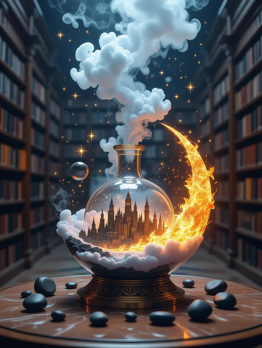 A glass table in a library features a 3D alchemical apparatus. Thick smoke and fire rise from the glass. Black stones are scattered around. Stars and night sky extend diagonally upwards. A fluid fractal crescent moon made of clouds and fire surrounds a mirage city. Potions hover above in a magical style. High fantasy art style.