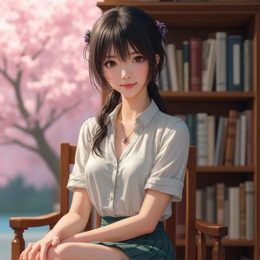 Portrait of young woman seated in cherry blossom garden. She has short hair and is wearing a blouse with a skirt. Focus on her appearance and the natural surroundings. Photorealistic style.