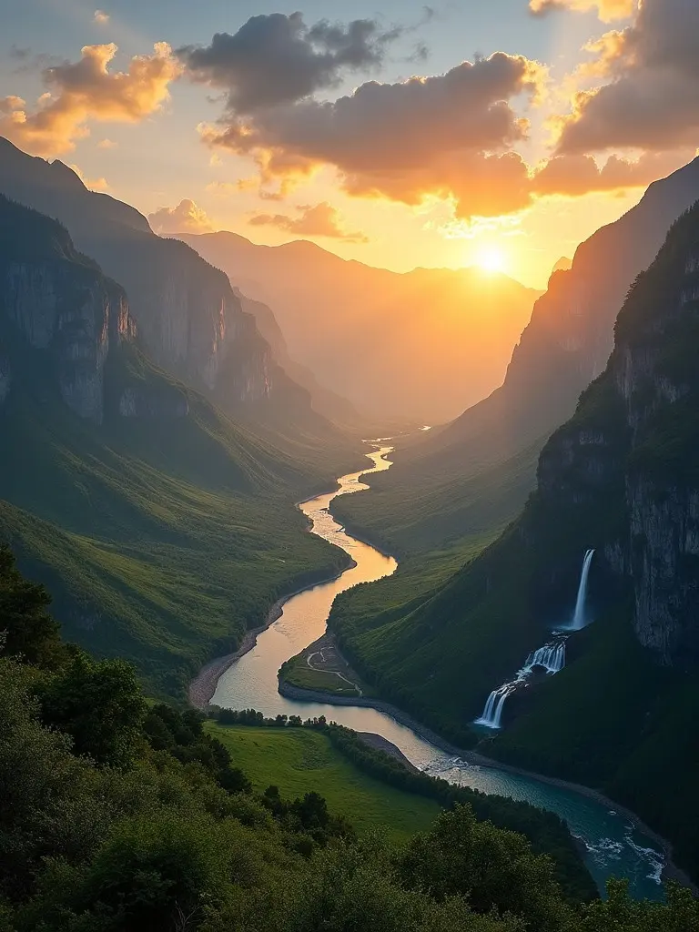 A breathtaking landscape with a sunset behind mountains. A winding river through a green valley. A cascading waterfall. Cloud formations in the sky. Warm colors from the setting sun.