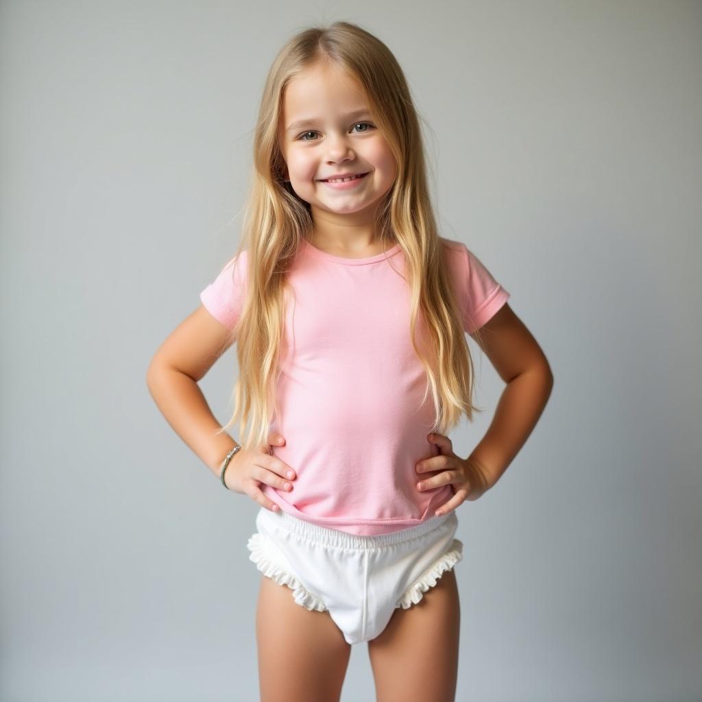 Image shows girl with long blonde hair wearing pink t-shirt and white diaper. Background is gray. Girl poses with one hand on hip. Scene feels warm and inviting.