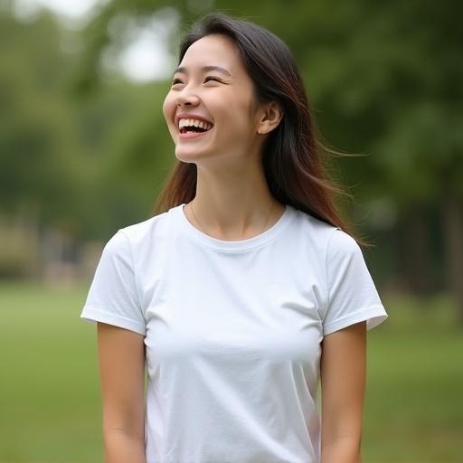 A woman wearing a basic white t-shirt. She is laughing outdoors. The background features greenery, making it suitable for t-shirt mockup.