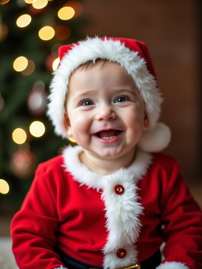 Cheerful baby boy dressed in red Santa costume with white trim. Background features glowing Christmas lights. Baby has a joyful smile.