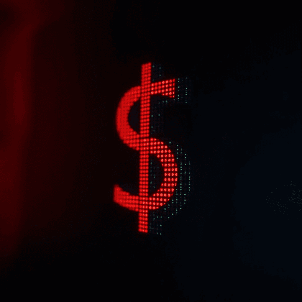 A glowing red dollar sign stands out against a dark background, composed of digital pixels.