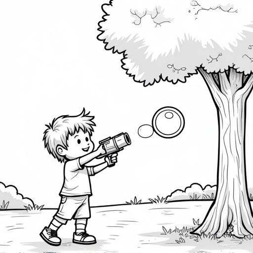 A coloring book illustration featuring a child with a bubble gun by a tree. The scene emphasizes playful elements in a simple outline style.