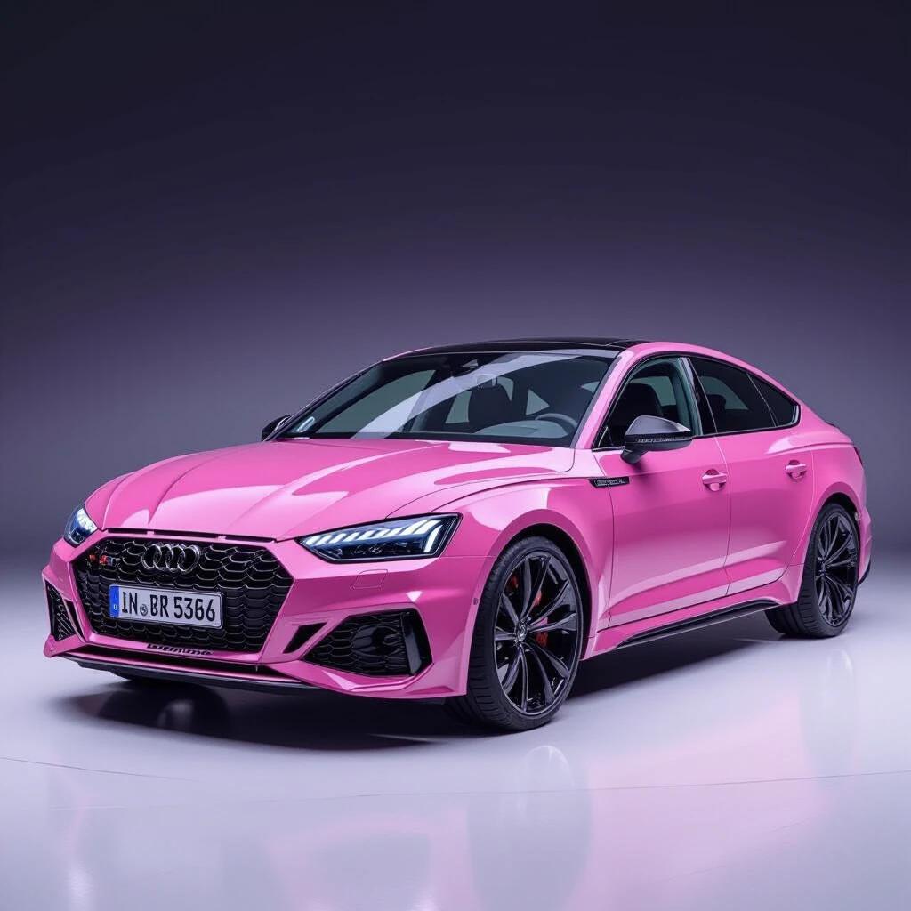 A pink RS6 parked in a studio setting. The car features sleek lines and an aggressive design. Black roof contrasts with pink color. Bright studio lights enhance the car's features. The backdrop is an elegant gradient that highlights the car's profile.