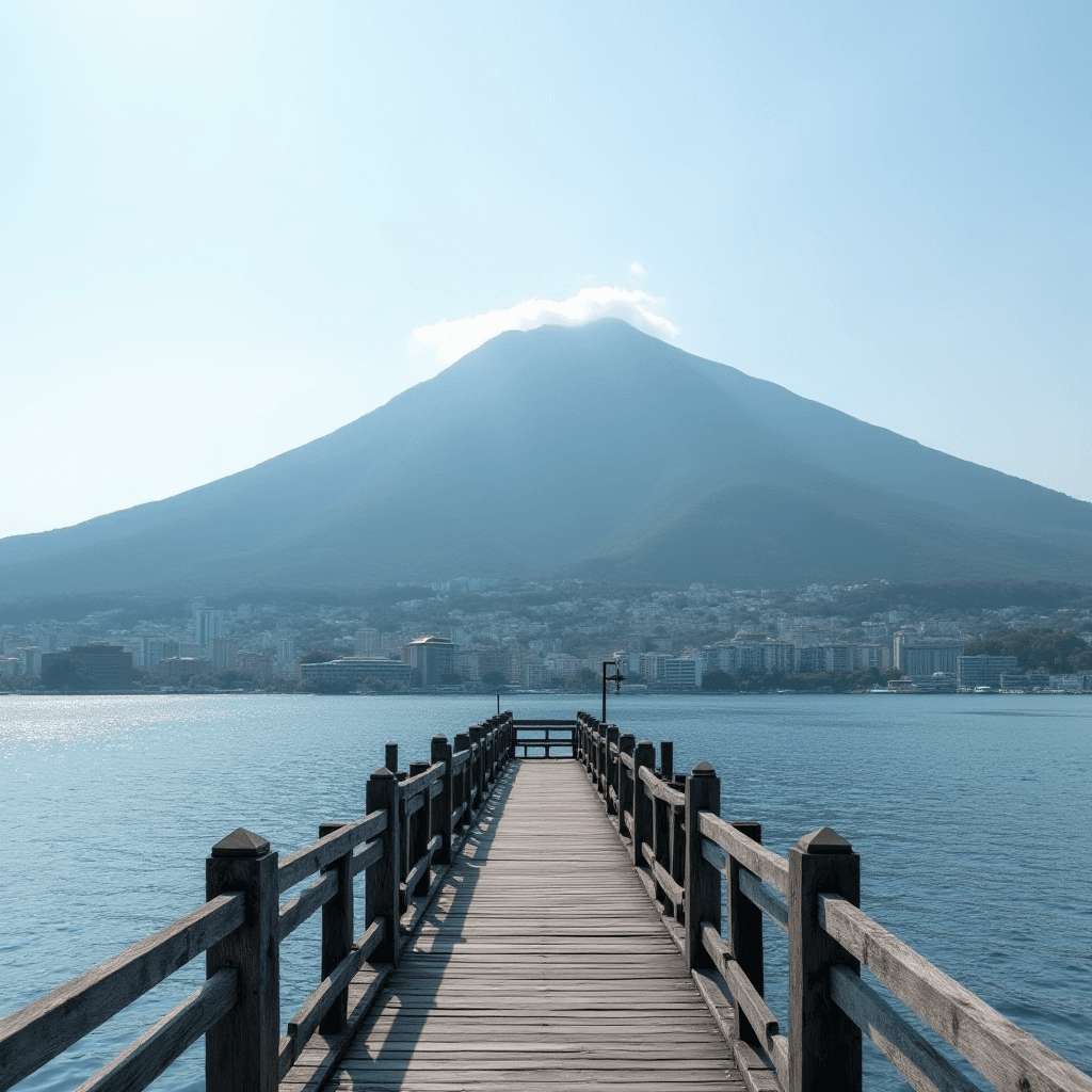 A wooden pier stretches towards a serene mountain landscape over calm blue waters.