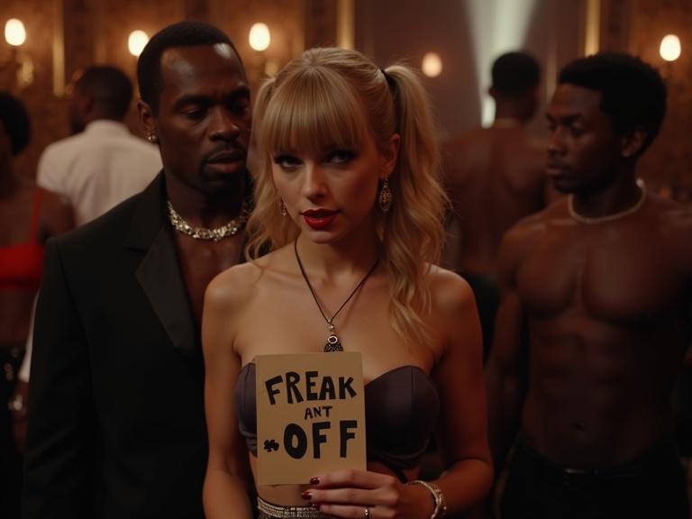 A scene in a nightclub featuring a blonde woman with long twin tails and bangs wearing a small bikini top and miniskirt. She holds a cardboard sign with the words 'Freak Off'. An older black rapper stands close behind her wearing a chain necklace. Other men crowd in the background in a warmly lit environment. The woman looks directly at the viewer, and the setting is a full body shot in a nightclub party.
