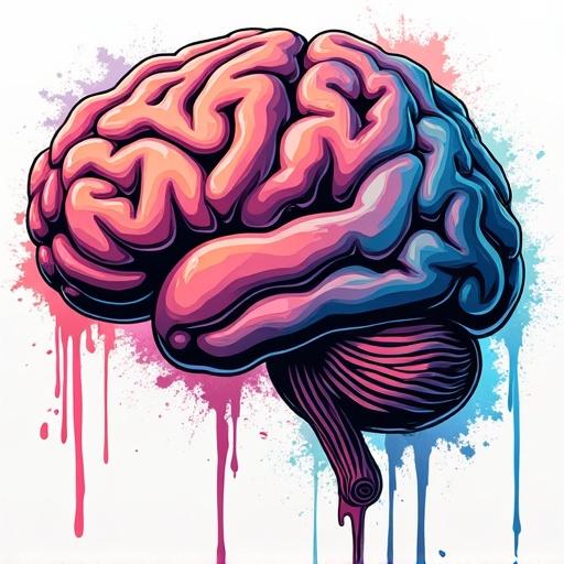 Illustration of a stylized brain with drips of color. Clean street art vibe. Transparent background for t-shirt design. Phrase 'plastic is in your brain' conceptually represented.