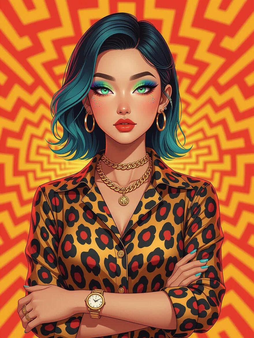 An ultra-detailed illustration of a woman with aqua hair and makeup in a vibrant animal print outfit. She stands with a confident posture against a psychedelic red-yellow background. Her accessories include a necklace and earrings. The scene feels dynamic and has intense colors.