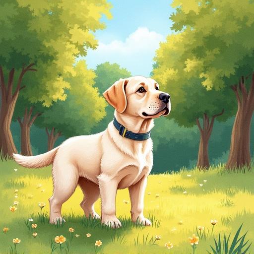 2D color pencil illustration depicting a cute Labrador standing in a park with a sunny afternoon backdrop and rough pencil texture.
