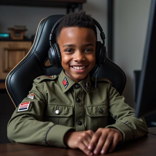 A young boy with a large forehead sitting comfortably in a gaming chair. The boy wears a headset and a military uniform. The setting is a home office, with a bright and cheerful atmosphere. He has a mischievous grin on his face.