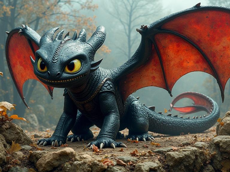3D mixed-media artwork features iconic dragon from animated franchise. The dragon has a fierce expression. The background contains a foggy forest with autumn leaves. The lighting is soft and atmospheric. The color palette combines dark and vibrant colors. Focus is on the dragon.