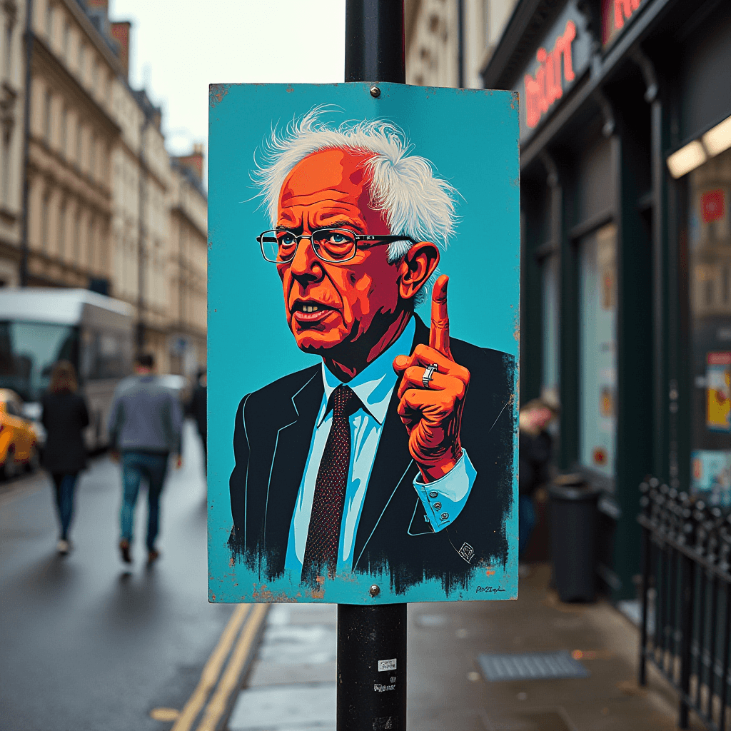 A vibrant piece of street art depicting an elderly man with expressive features, captured against a bustling urban backdrop.