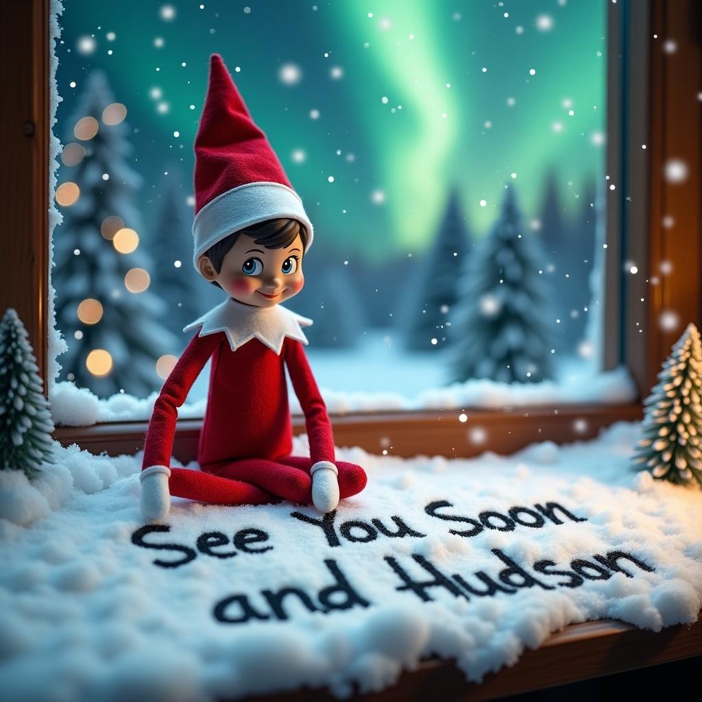 The image features an Elf on the Shelf sitting cheerfully in a winter scene. The elf, dressed in a classic red outfit with white trim, has a charming smile. It is writing the words 'See You Soon and Hudson' in the snow outside a cozy-looking window. In the background, the night sky is illuminated by the magical northern lights. The snowy landscape is adorned with small evergreen trees, enhancing the festive charm of the holiday season. This scene portrays a tranquil and joyful atmosphere that celebrates Christmas time.