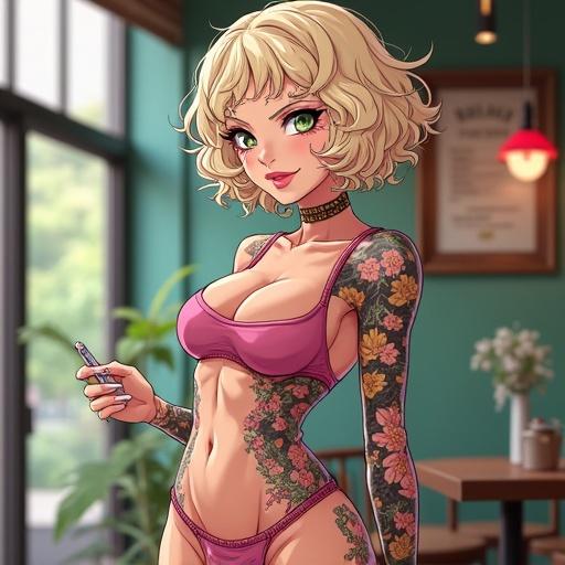Anime character in a modern cafe. Woman with emerald green eyes and beautiful features. Short curly light blonde hair and light pink diamond jewelry. Muscular with tattoos. Wearing edgy Louis Vuitton streetwear. Set in summer in a vibrant atmosphere.