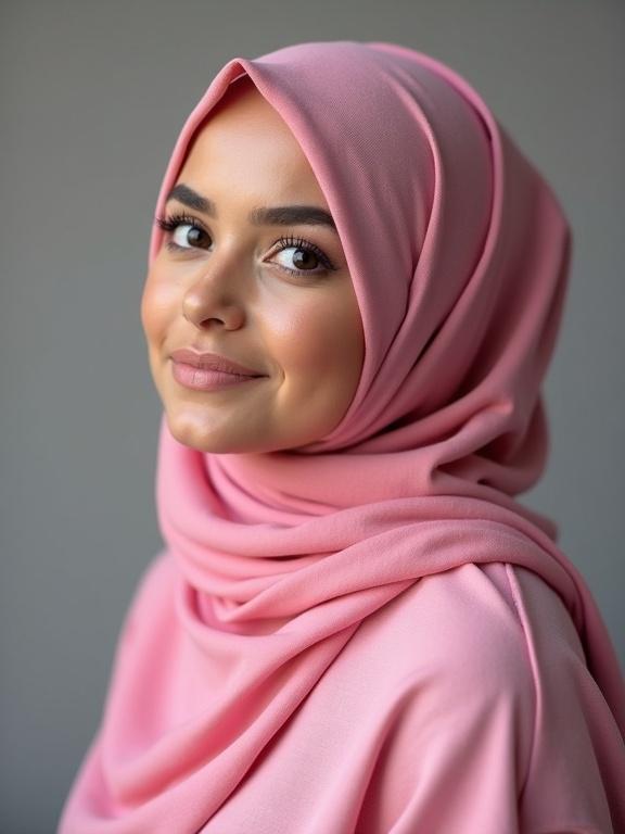 Portrait of a chubby woman wearing a pink hijab. She looks confident and is facing the viewer while in a side view.