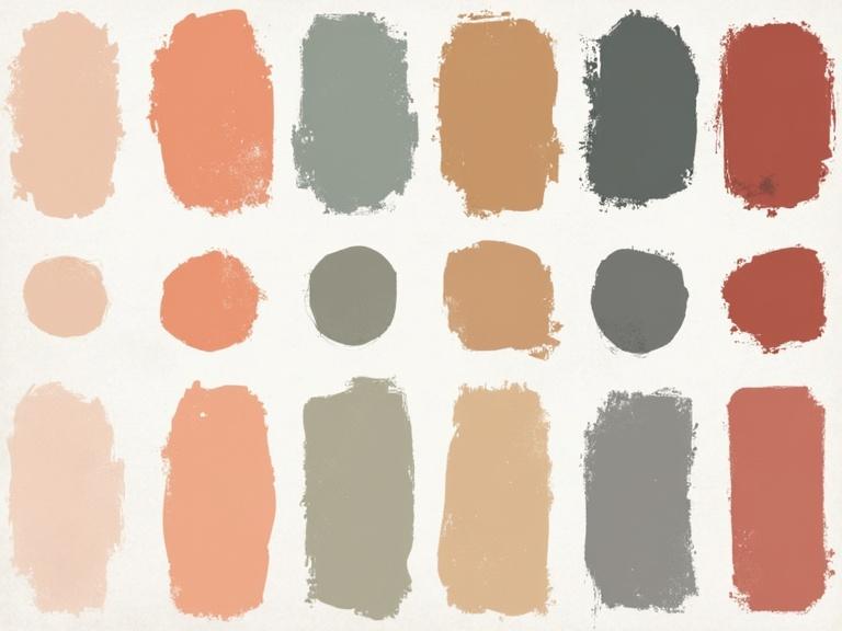 Grid layout presenting coordinated color swatches. Each swatch features a different color in round or rectangular shapes. Designed for Instagram aesthetic.