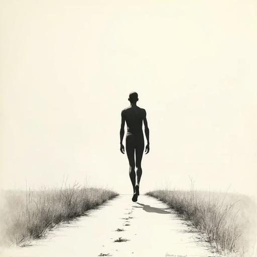 Minimalist bald human silhouette in black fill. Thin tall teen running naked on a long lonely roadside leading to the horizon. Monochrome minimalist sketch with delicate ink lines on textured paper and serene mood inspired by traditional Asian brushwork.