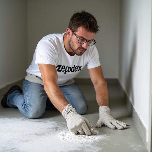 Realistic photo for a website showing a flooring professional applying microcement. Professional is wearing an epodex t-shirt. Scene captures expertise in floor coating.
