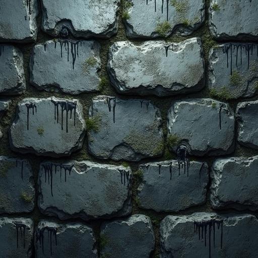 Seamless tileable texture for a dark fantasy game. Digital painting of an ancient weeping stone wall composed of dark stones with moss streaks. Blackish ooze weeps from stone crevices. Grotesque sheen on damp surfaces. Subtle etchings and scratch marks on stone.