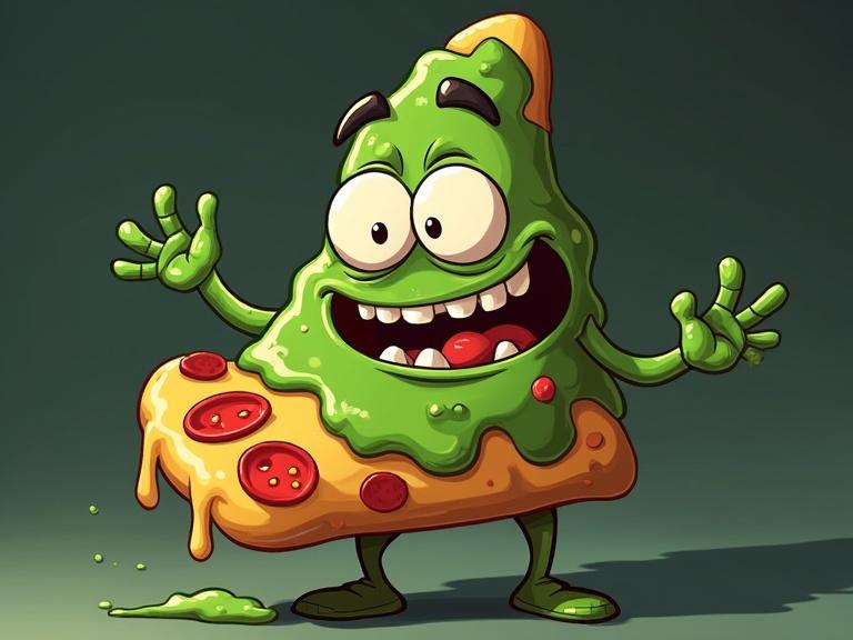 Villain character designed as an anthropomorphic pizza slice. Features include green pizza sauce, cartoonish eyes and mouth, with a playful pose. Style is cel-shaded and painterly, reflecting 3D anime aesthetics.