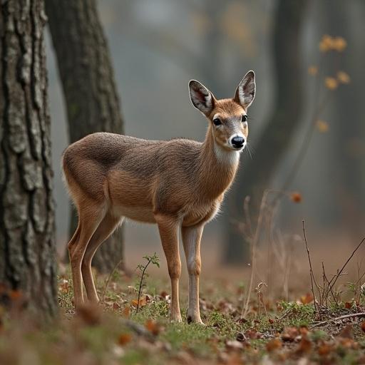 Deer standing gracefully in a misty forest during the morning light