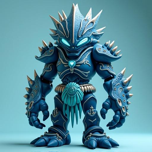Design a monster toy inspired by early 2000s Italian figures. Name is Lord Abyssion, leader of the Tribe of the Sea. He is 14.5 cm tall with an armored body and non-human face. Features coral-like mask and glowing blue eyes. Include fin-like appendages and regal elements like seashell emblem. Use high-contrast PVC style and bold outlines. Deep blue, turquoise, silver colors.